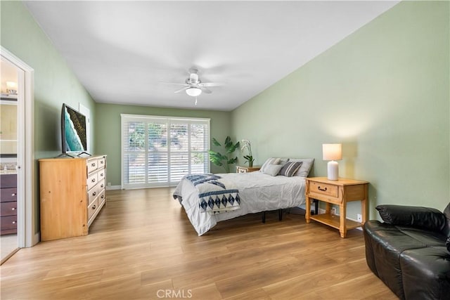 bedroom with ceiling fan and light wood finished floors