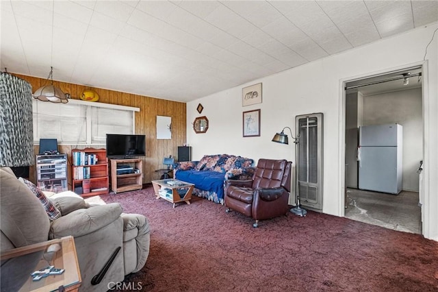 living room featuring carpet flooring and wood walls