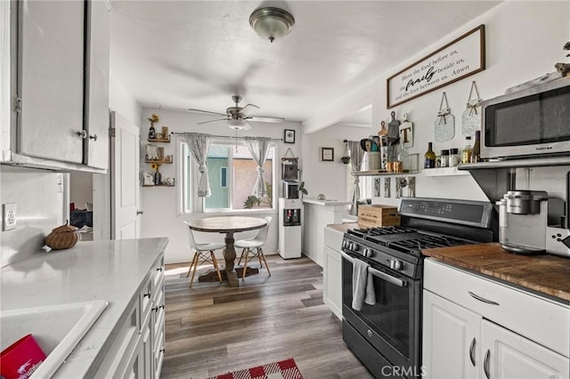 kitchen featuring a sink, wood finished floors, white cabinetry, stainless steel appliances, and ceiling fan