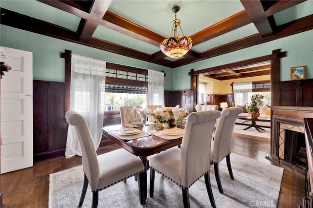 dining area featuring coffered ceiling, wood finished floors, and wainscoting