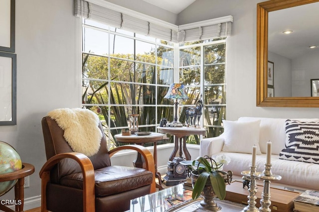 sitting room featuring lofted ceiling