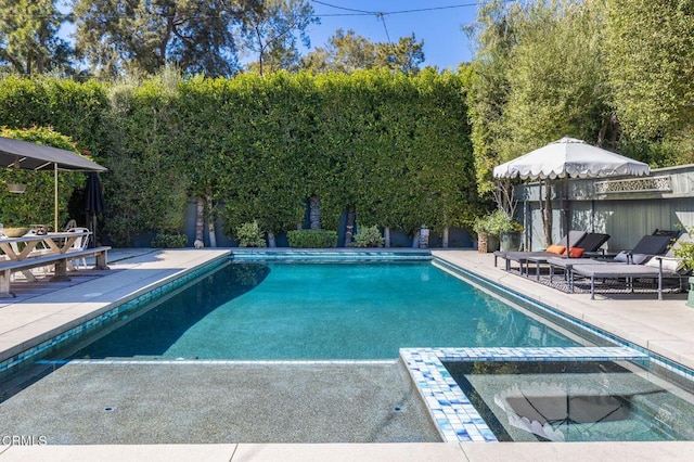 view of swimming pool featuring a patio area and a pool with connected hot tub