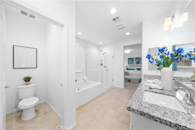 full bathroom with toilet, a shower stall, a garden tub, and visible vents