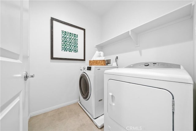 laundry room featuring laundry area, washer and dryer, and baseboards