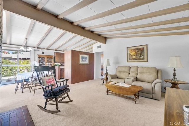 living room featuring visible vents, an inviting chandelier, vaulted ceiling with beams, and carpet