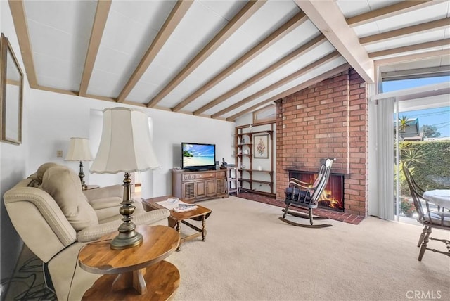 living area featuring carpet flooring, a brick fireplace, and vaulted ceiling with beams