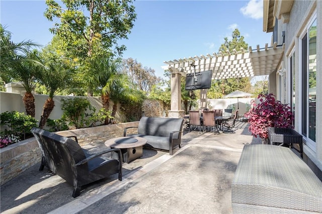 view of patio / terrace with an outdoor living space, a fenced backyard, outdoor dining space, and a pergola