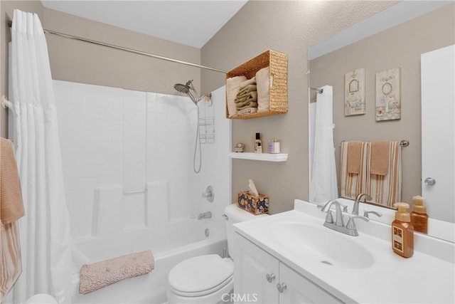 bathroom with vanity, shower / bath combination with curtain, and toilet