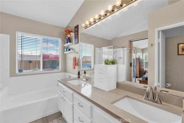 bathroom featuring a bath, a stall shower, double vanity, and a sink