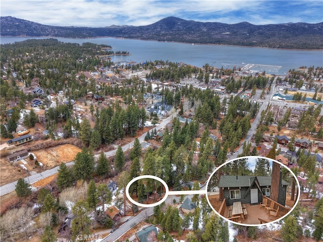 birds eye view of property featuring a water and mountain view