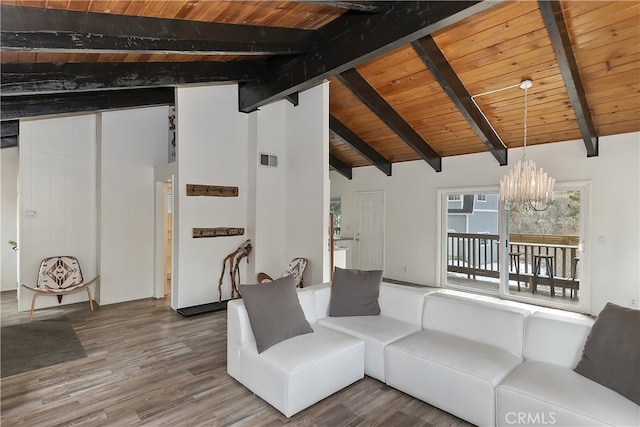 living room featuring wooden ceiling, wood finished floors, and beam ceiling