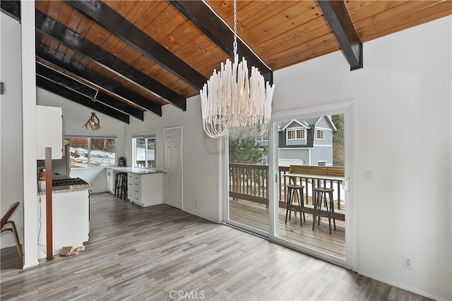 interior space featuring a notable chandelier, vaulted ceiling with beams, white cabinets, and wooden ceiling