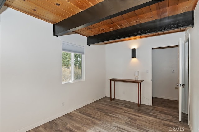 unfurnished room featuring beam ceiling, wood ceiling, baseboards, and wood finished floors