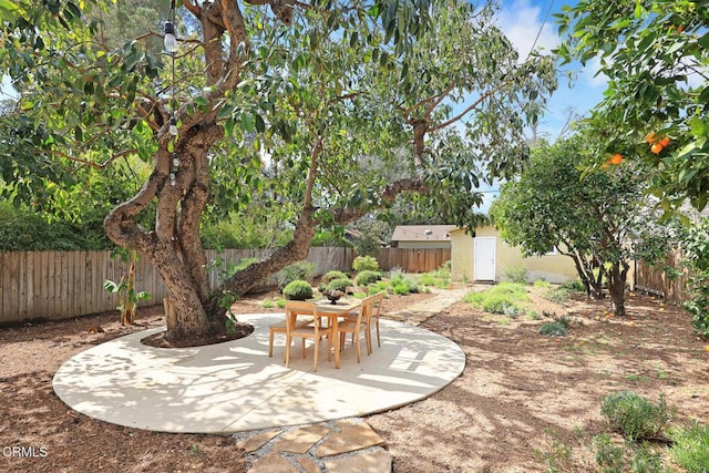 view of yard featuring a patio area, an outdoor structure, and a fenced backyard