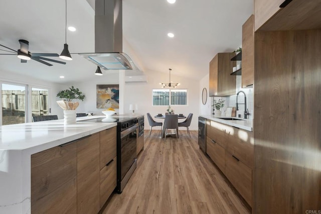 kitchen with ventilation hood, electric range oven, a sink, vaulted ceiling, and modern cabinets