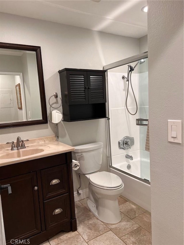 full bath featuring enclosed tub / shower combo, toilet, and vanity