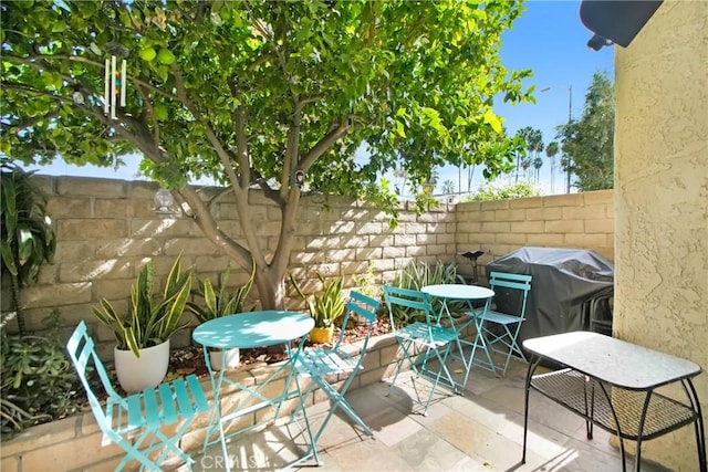 view of patio with grilling area, outdoor dining space, and a fenced backyard