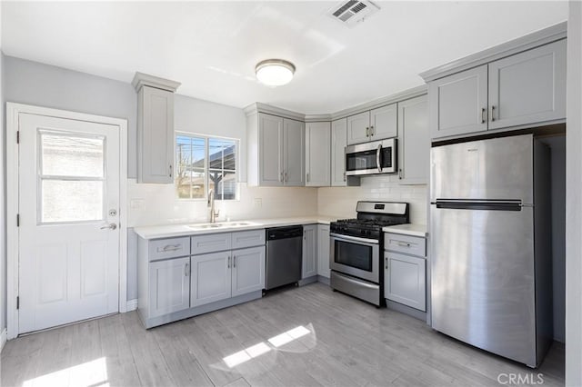 kitchen featuring visible vents, appliances with stainless steel finishes, gray cabinetry, and a sink