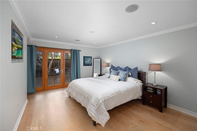 bedroom featuring baseboards, crown molding, light wood-style floors, and access to outside