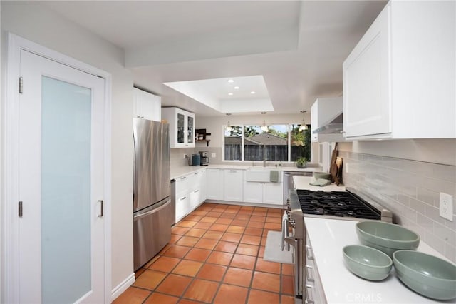 kitchen featuring ventilation hood, a tray ceiling, appliances with stainless steel finishes, and white cabinetry