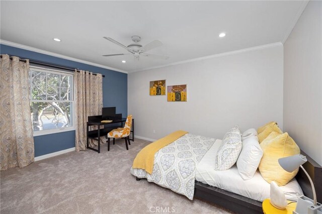 carpeted bedroom featuring recessed lighting, baseboards, and ornamental molding