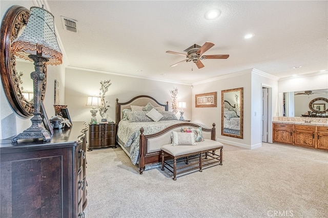 bedroom featuring baseboards, visible vents, ceiling fan, light carpet, and crown molding