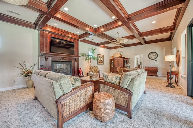 living room featuring visible vents, coffered ceiling, beam ceiling, a fireplace, and light colored carpet