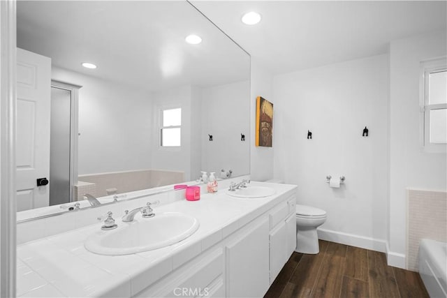 bathroom with a sink, baseboards, a bathtub, and wood finished floors