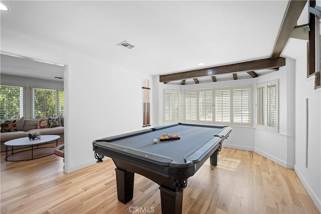 playroom featuring beamed ceiling, baseboards, light wood-style floors, and billiards