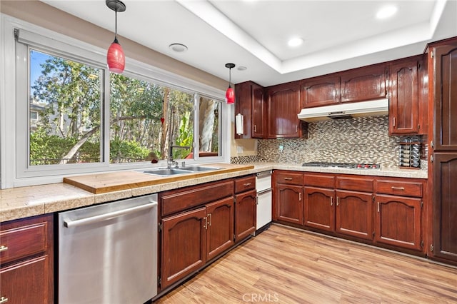 kitchen with light wood-style flooring, stainless steel appliances, hanging light fixtures, under cabinet range hood, and tasteful backsplash