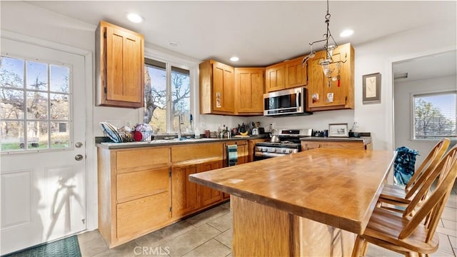 kitchen featuring recessed lighting, a healthy amount of sunlight, stainless steel appliances, and a sink