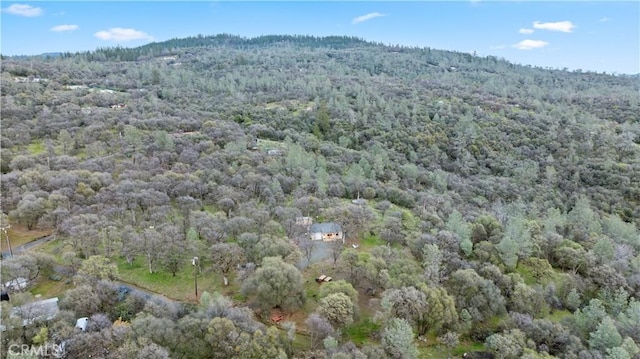 aerial view featuring a wooded view