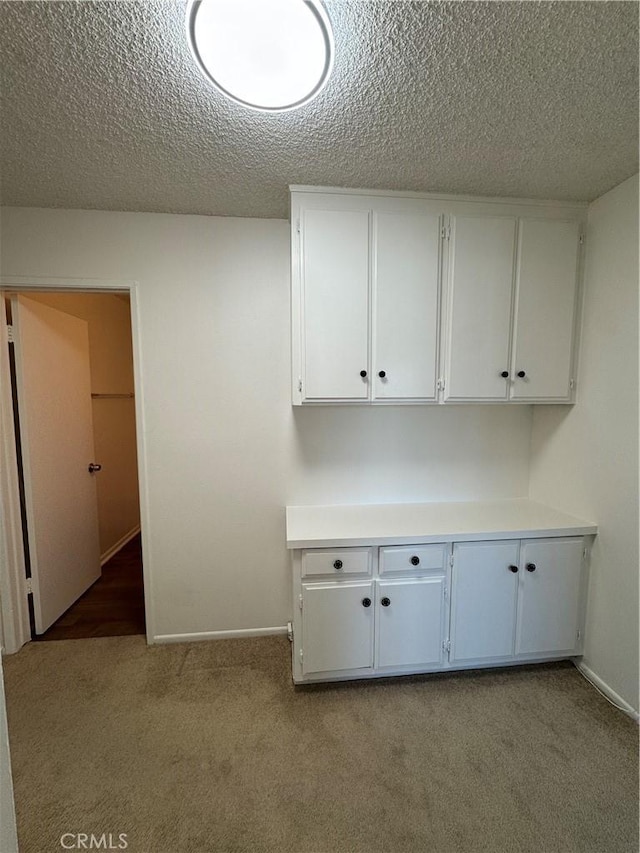 kitchen with white cabinetry, carpet flooring, and light countertops