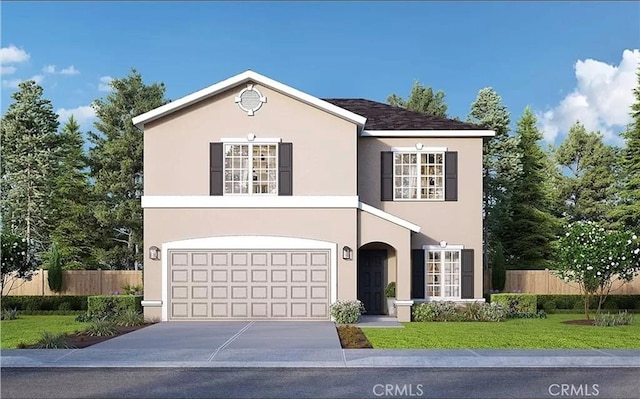 traditional home featuring concrete driveway, fence, a front yard, and stucco siding