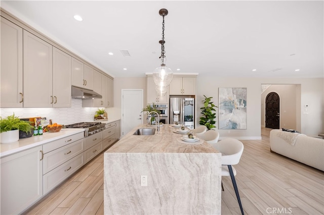 kitchen featuring tasteful backsplash, under cabinet range hood, appliances with stainless steel finishes, light wood-style floors, and a sink