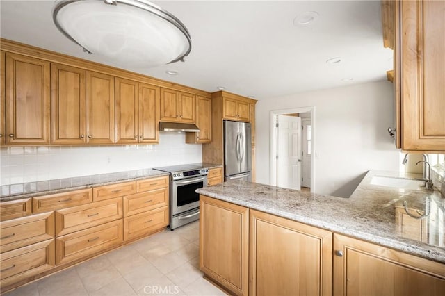 kitchen with under cabinet range hood, decorative backsplash, appliances with stainless steel finishes, a peninsula, and a sink