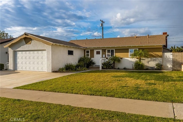 ranch-style home with stucco siding, driveway, a front yard, and an attached garage