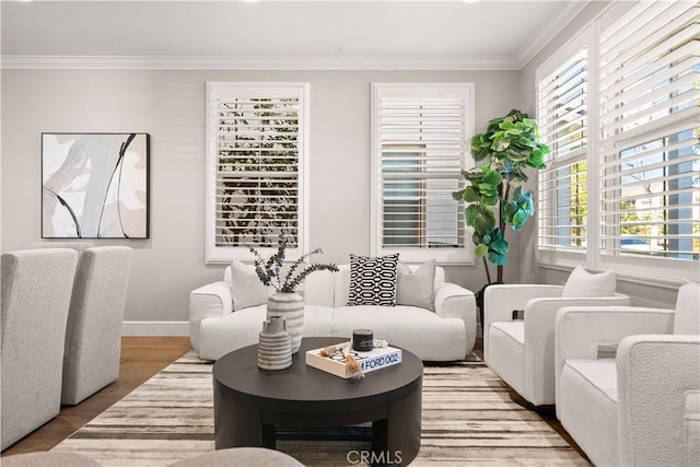 living area with crown molding, baseboards, and wood finished floors