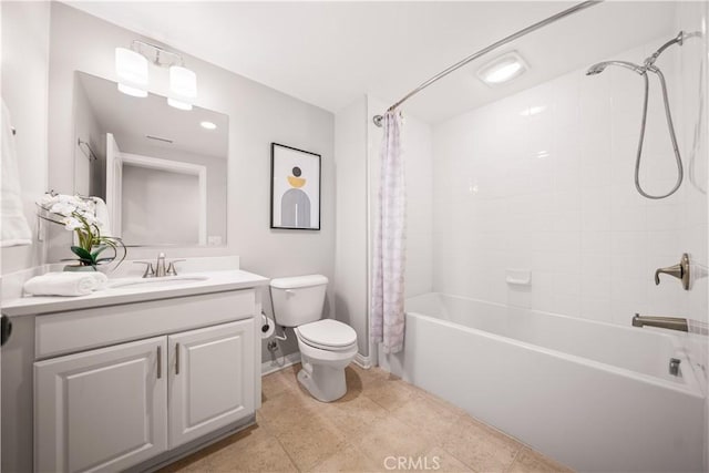 bathroom with toilet, shower / bath combination with curtain, tile patterned flooring, baseboards, and vanity