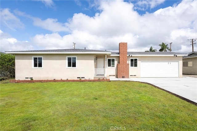 ranch-style home featuring driveway, a chimney, stucco siding, a front lawn, and a garage