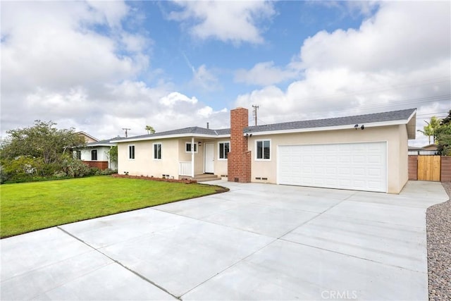 ranch-style house featuring a front lawn, fence, a garage, and stucco siding