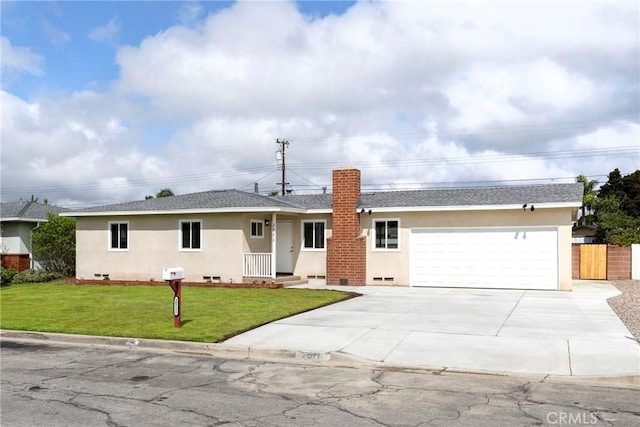 ranch-style house featuring stucco siding, driveway, fence, an attached garage, and a front yard