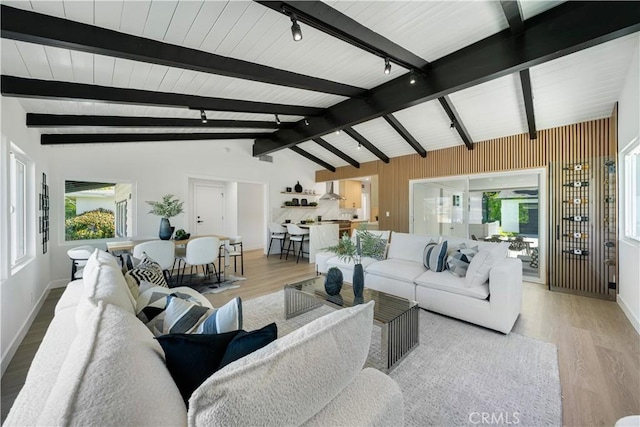 living room featuring lofted ceiling with beams, baseboards, wood finished floors, and track lighting