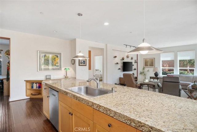 kitchen with dark wood finished floors, open floor plan, dishwasher, and a sink