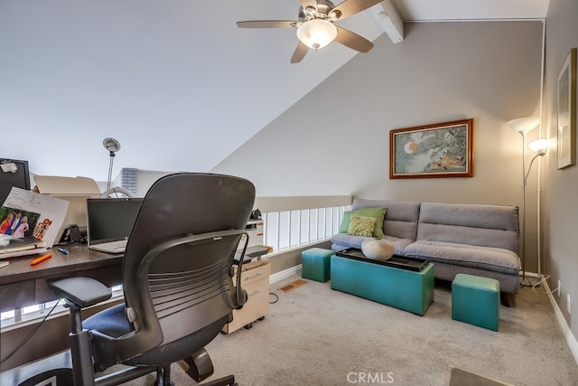 office area with baseboards, carpet flooring, vaulted ceiling with beams, and ceiling fan