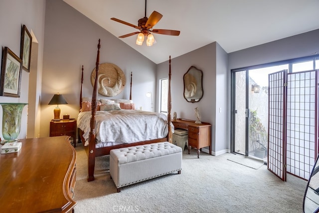 bedroom featuring access to exterior, baseboards, vaulted ceiling, carpet floors, and a ceiling fan