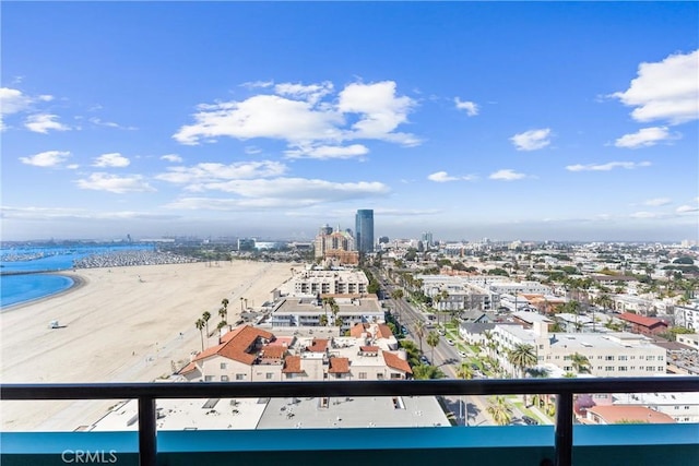 property view of water featuring a city view and a beach view