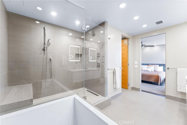 bathroom featuring visible vents, ensuite bath, recessed lighting, a shower stall, and baseboards