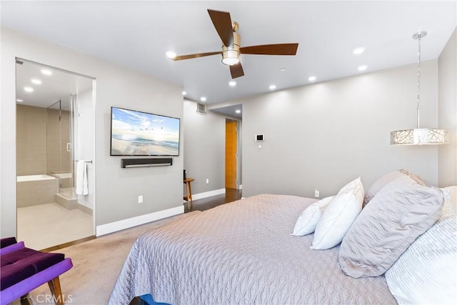 bedroom featuring carpet flooring, recessed lighting, visible vents, and baseboards