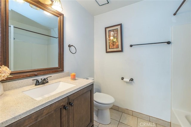 bathroom featuring toilet, tile patterned flooring, walk in shower, a bath, and vanity